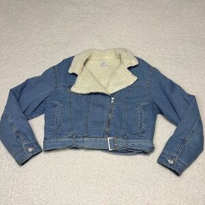 Forever 21 Women Denim Sherpa Lined Cropped Moto Jacket